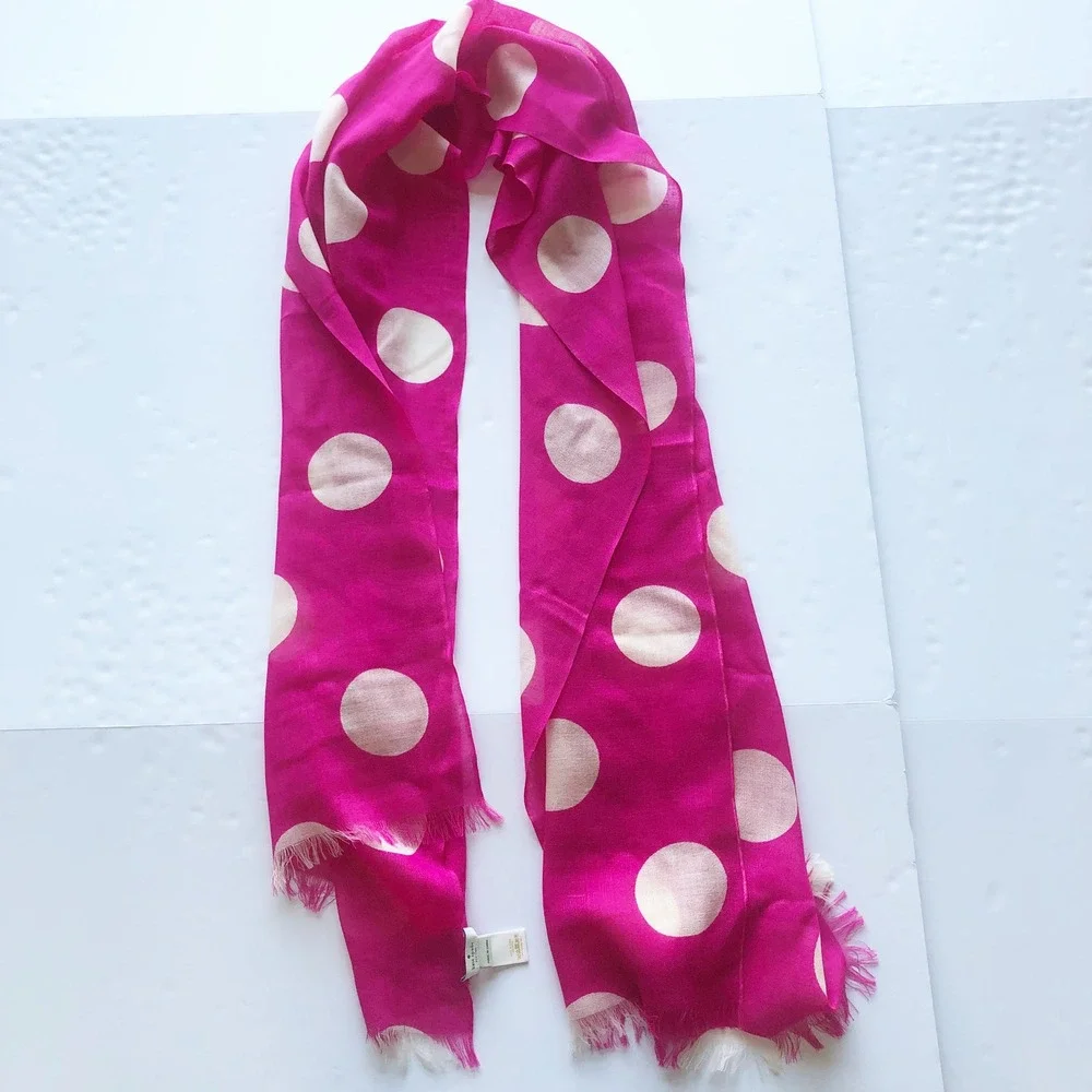 Kate Spade Scarf Pink Polka Dot 100% Wool Eyelash Fringe 81x24 Wrap